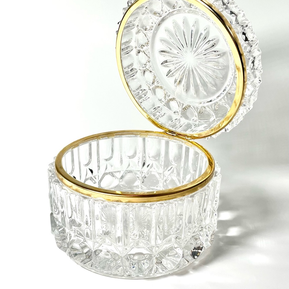 Vintage French Round Crystal Storage Box with Gold Trim
